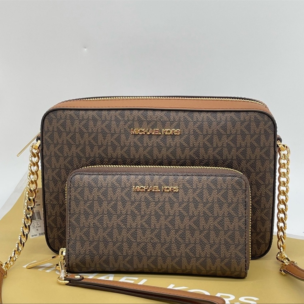 Michael Kors EW Crossbody Bag & Large Flat Mf Phone Case Wallet Leather Brown - Picture 2 of 13